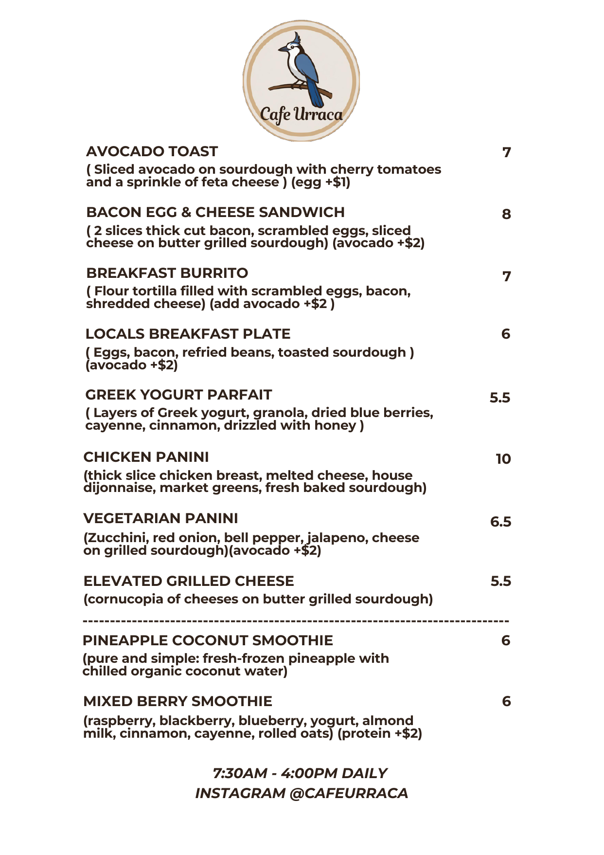 English Menu - Café Urraca