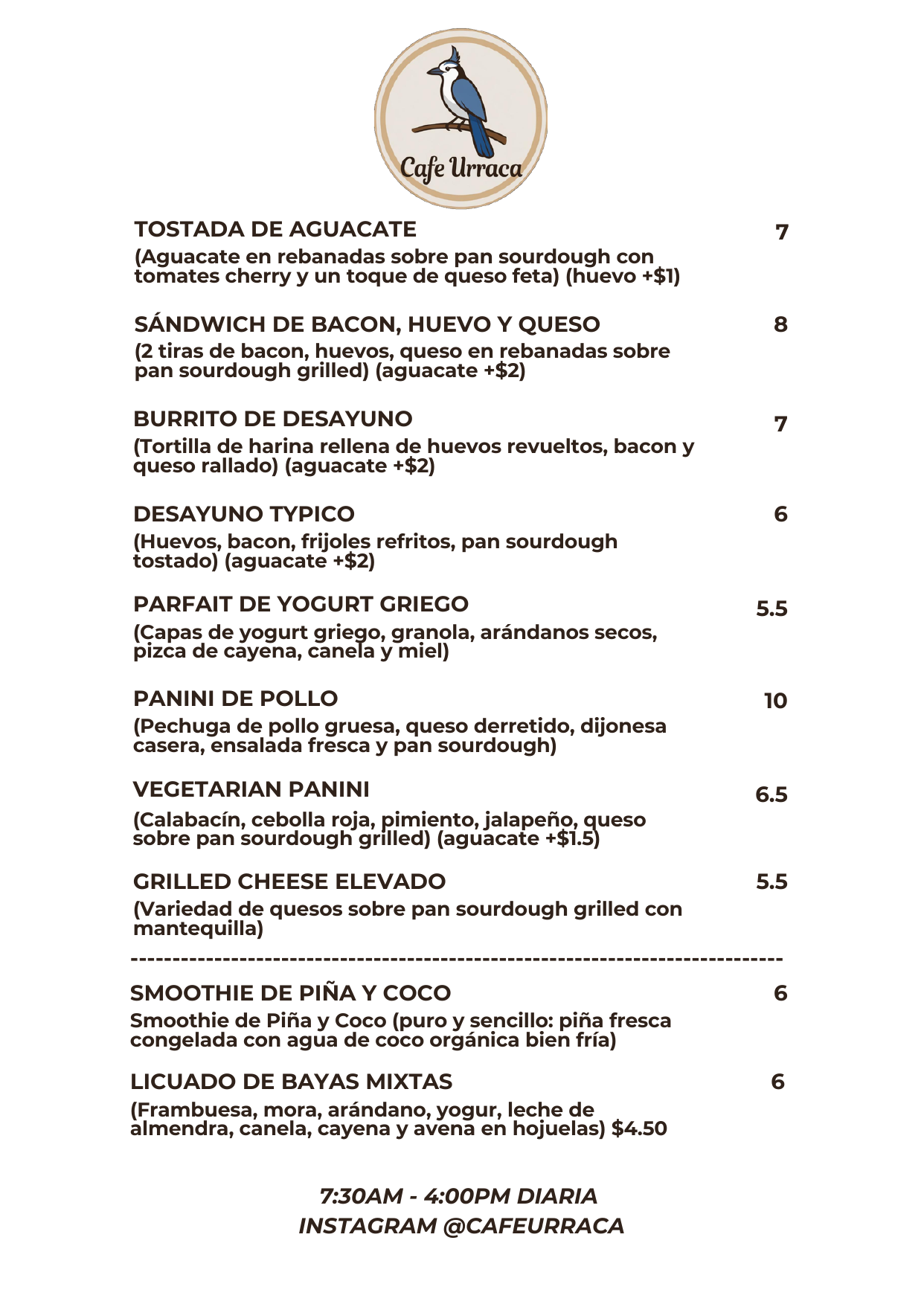 Menú en Español - Café Urraca